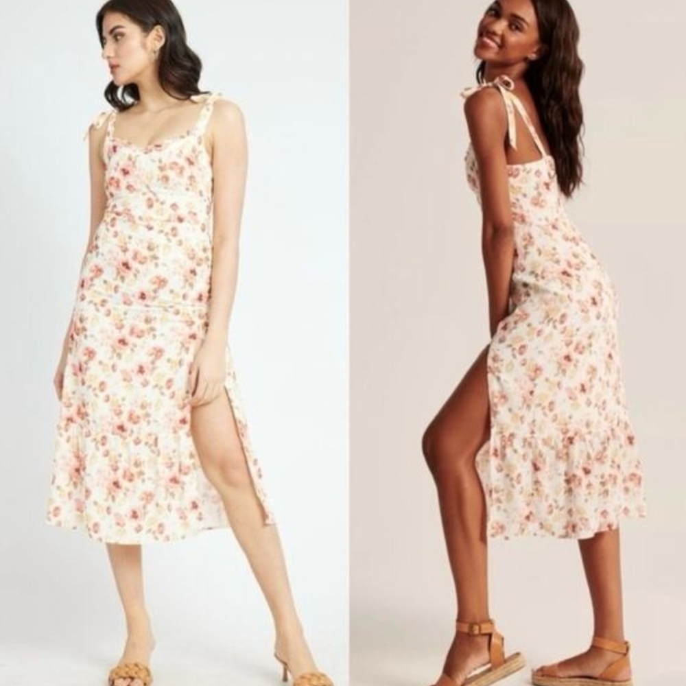 Abercrombie & Fitch Cream Floral Tie-Shoulder Midi Dress